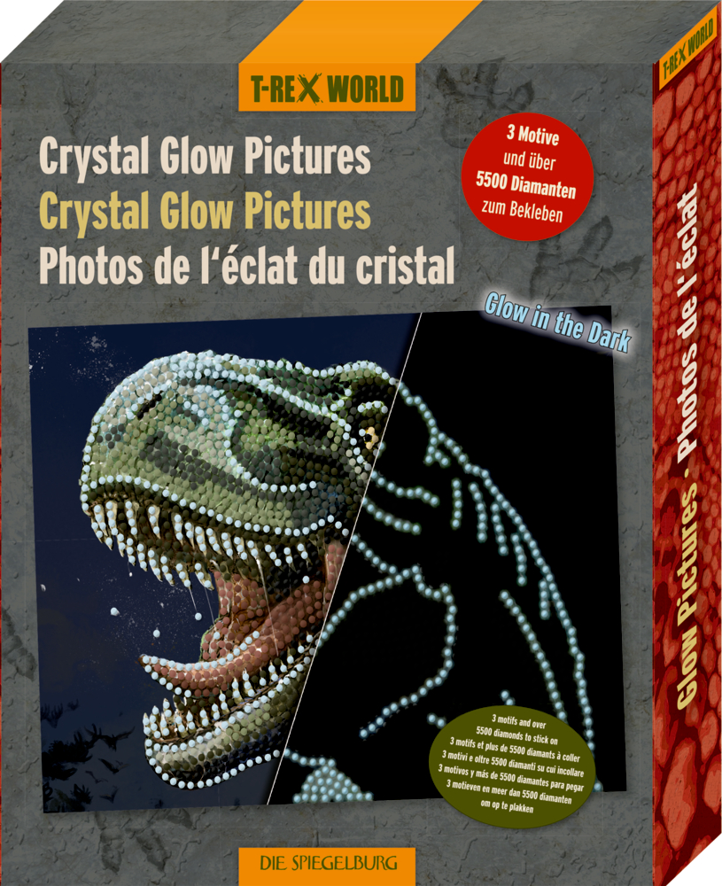 Crystal Glow Pictures-Diamond Painting - T-Rex World GRaue Schachtel mit leuchtendem Dinosaurier-Bild.