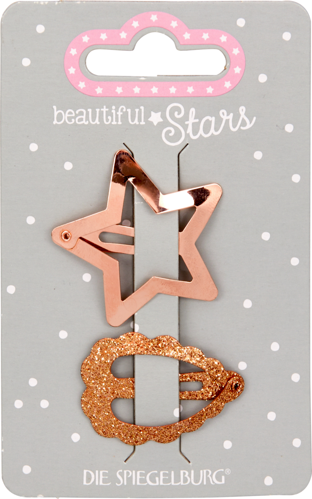 Haarclips Kupfer - beautiful Stars Zwei metallische Haarclips auf Verpackung: ein Stern in Roségold, ein Herz in glitzerndem Gold.