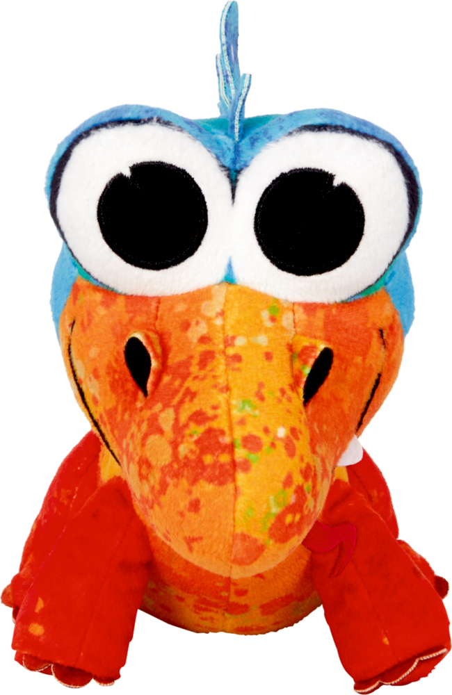 Bunter Plüsch-Drache mit großen, runden Augen, orangem Gesicht und blauem Kopf, frontal sichtbar.