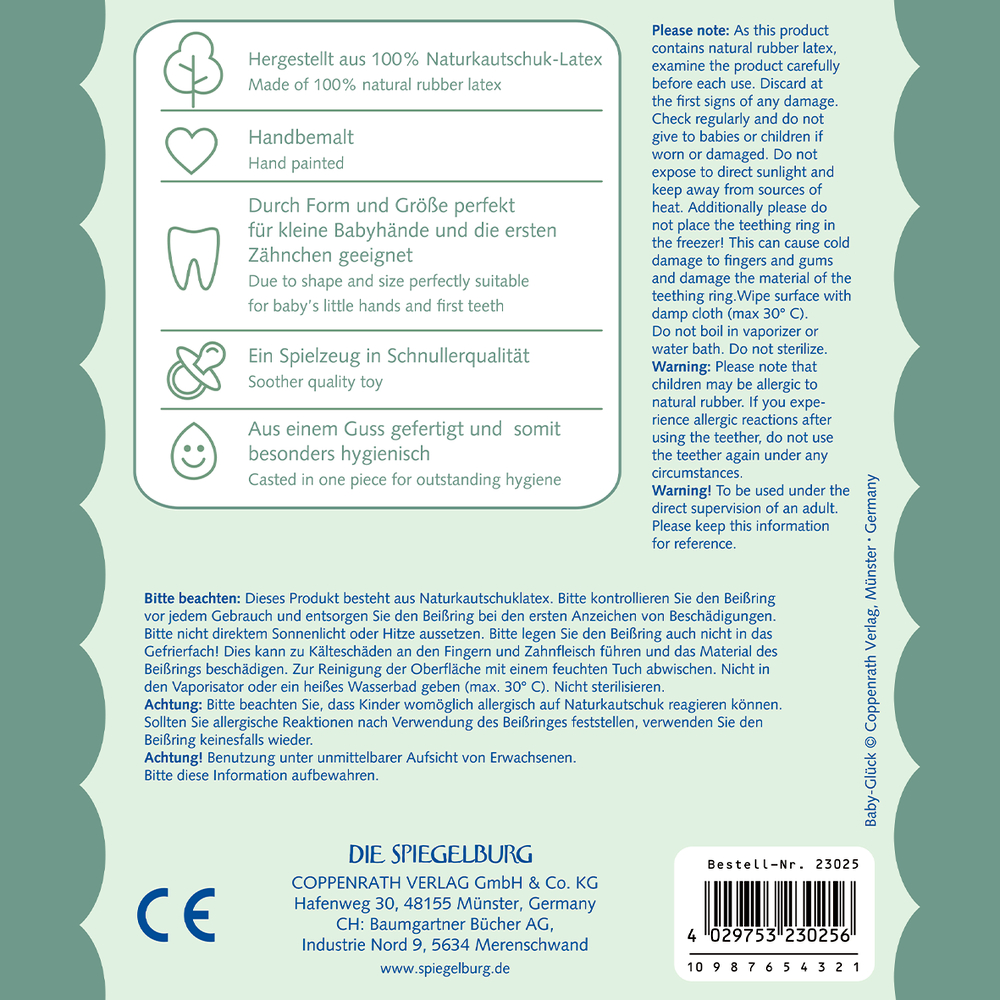 Produktverpackung mit Icons und Text zu Eigenschaften einer Naturkautschuk Babyrassel.