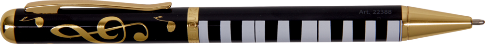Kugelschreiber - All about music Schwarzer und goldener Stift mit Musiknoten und Klaviertastenmotiven entlang des Schafts.