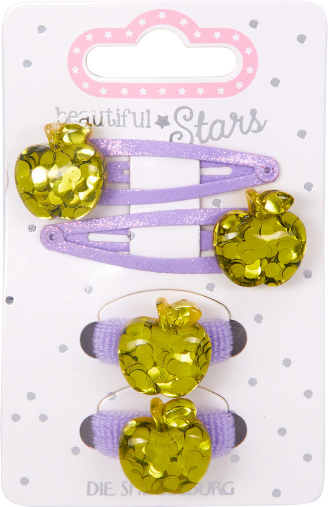 lila/grün, Haarclip & Haargummi Apfel - beautiful Stars Lila Haarspangen und -gummis mit glänzenden grünen Apfelanhängern, präsentiert auf einer weißen Karte.