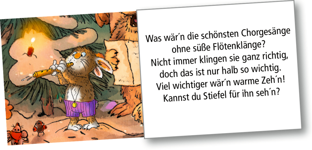 Ein Hase in lila Shorts spielt Flöte bei Tieren, neben einem Reim über Musik und warme Zehen.