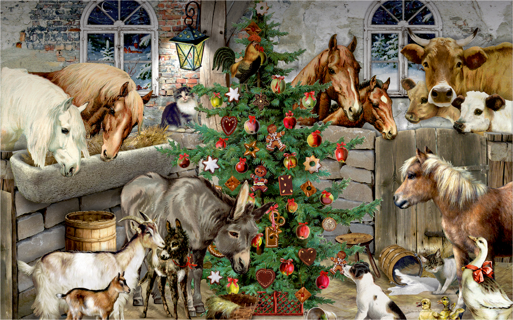 Puzzle: Eine Gruppe Bauernhoftiere versammelt sich um einen geschmückten Weihnachtsbaum in einer Scheune.