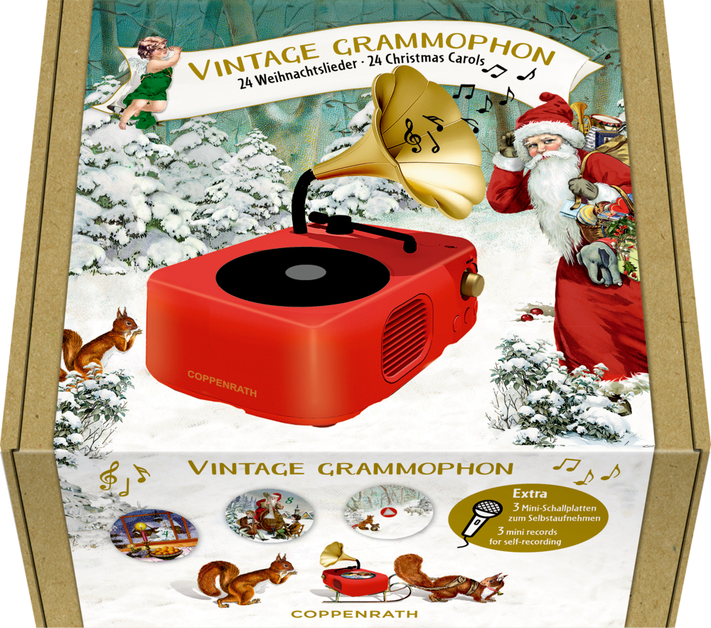 Schachtel mit Grammophon-Spielzeug, Weihnachtsmann und Winterwald; bewirbt Weihnachtslieder.