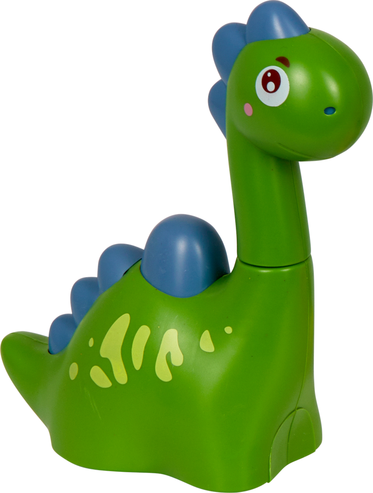 Freundliches, grünes Dinosaurierspielzeug aus Kunststoff mit großen Augen und runden, blauen Stacheln.