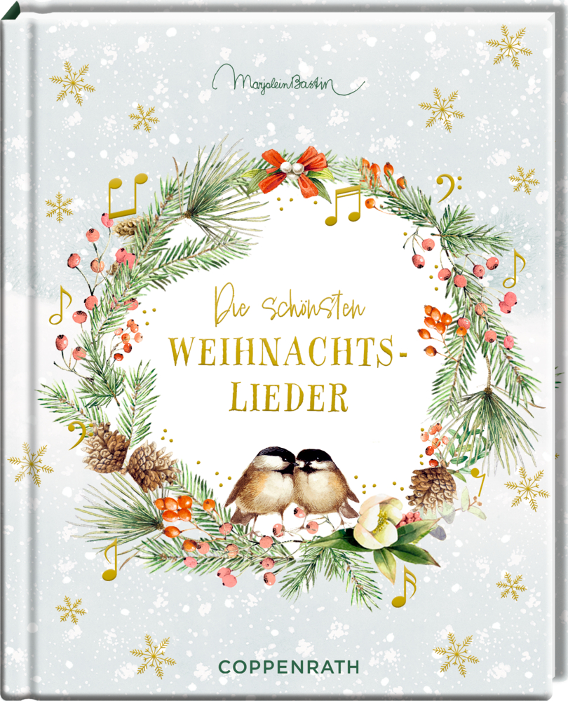 Festlicher Bucheinband mit Kranz, zwei Vögeln und dem Text „Die schönsten Weihnachtslieder“ in der Mitte.