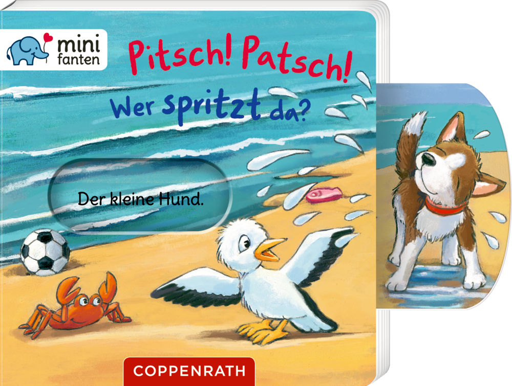 minifanten 38: Pitsch! Patsch! Wer spritzt da? Hund schüttelt Wasser an einem Strand ab, im Hintergrund sind eine Krabbe, ein Vogel, ein Fußball und Wellen zu sehen, auf dem Cover von "Pitsch! Patsch! Wer spritzt da?"
