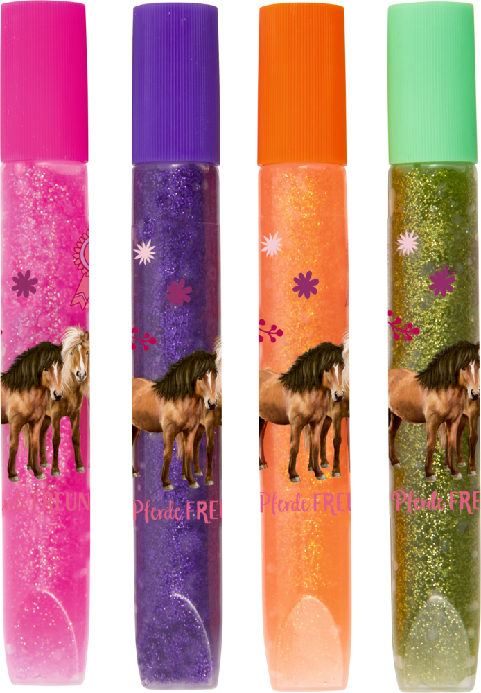 Vier aufrechte Glitzerklebertuben (pink, lila, orange, grün) mit Pferdebildern auf den Etiketten.