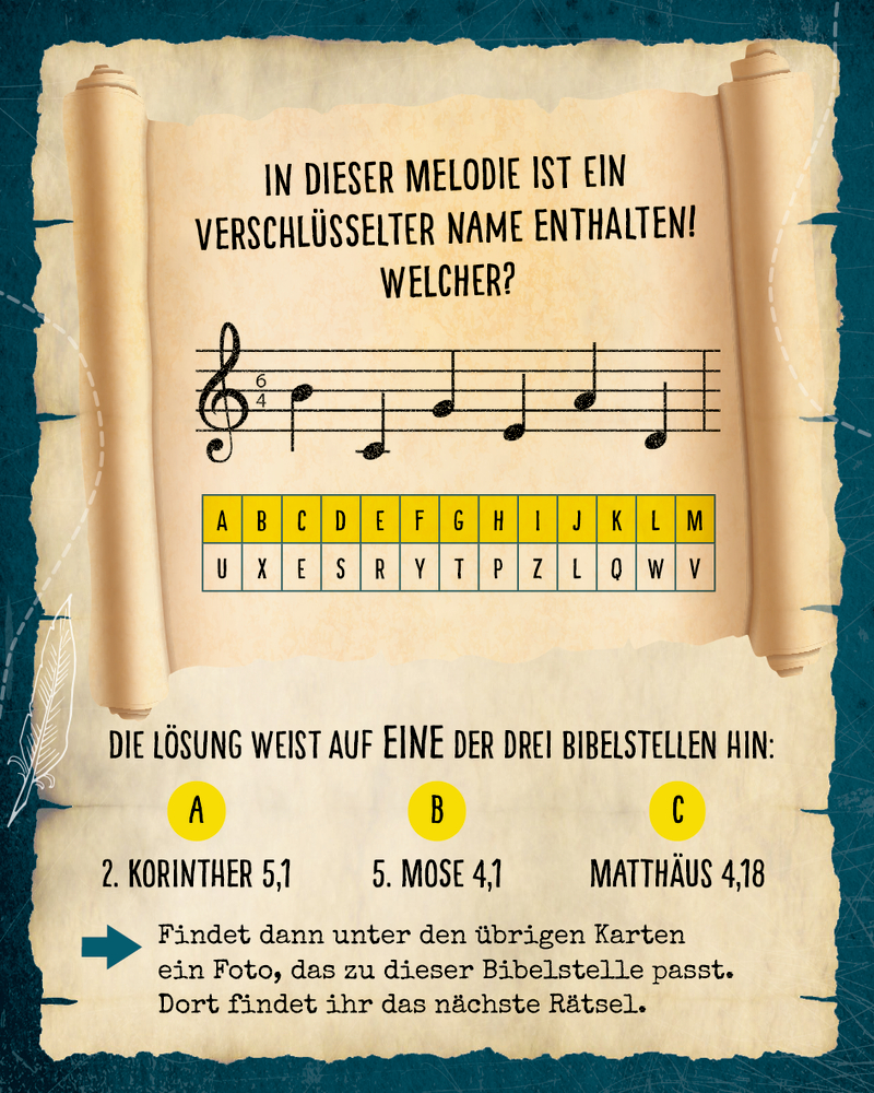 Melodienoten über einem Chiffreschlüssel mit der Frage, welchen Namen die Noten verschlüsseln.