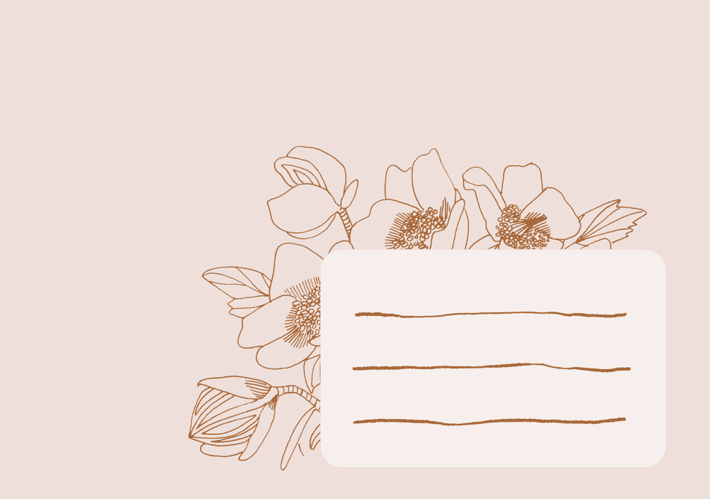 Briefumschlag: Minimalistische handgezeichnete Blumenillustration mit drei braunen Linien auf einem rosa-farbenen rechteckigen Hintergrund.