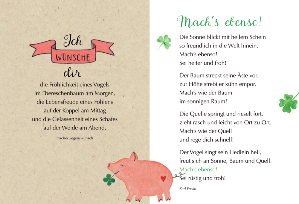 Innenseiten mit Schrifttexten, rosa Band mit Aufschrift, Kleeblättern und rosa Schwein mit Kleeblatt im Maul.