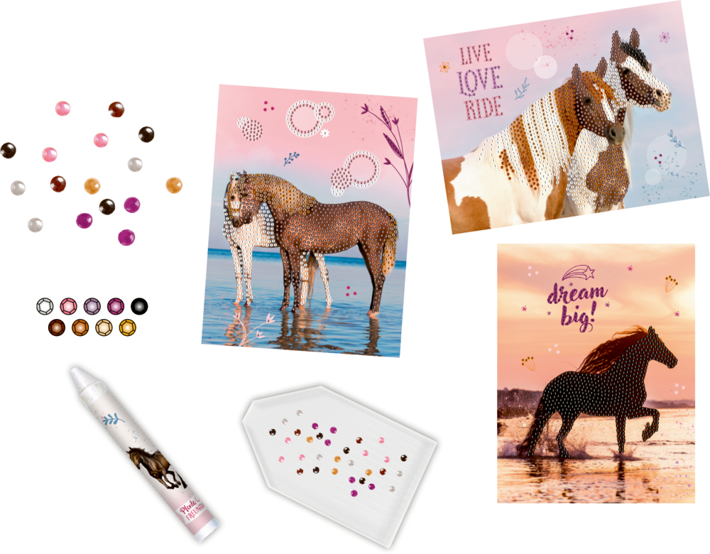 Das Set enthält 3 Pferdekunstkarten, bunte Edelsteinaufkleber, einen Applikatorstift und ein Edelsteinsortiertablett.
