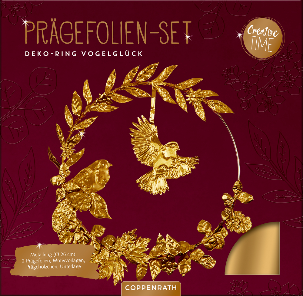 Goldprägefolie, Vögel und Blätter auf weinrotem Hintergrund, Beschriftung PRÄGEFOLIEN-SET.