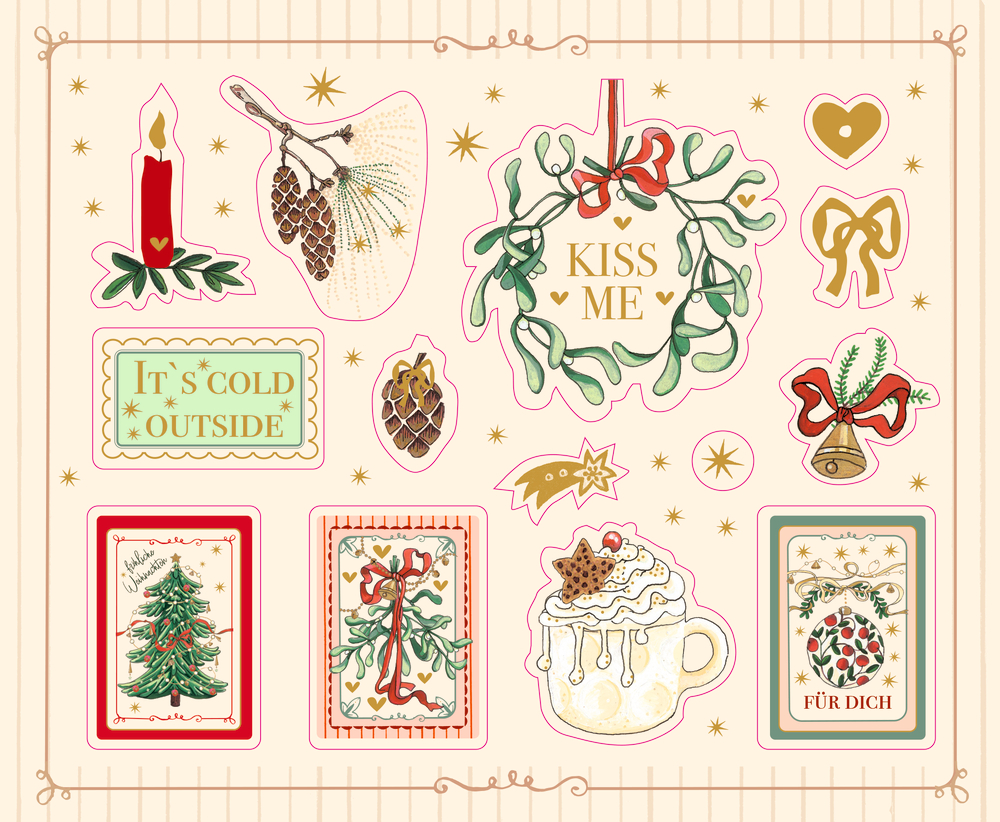 Weihnachtliche Sticker mit Kerze, Mistelzweig, Zapfen, Glocke, Tasse, Stern und Karten mit Aufschriften.