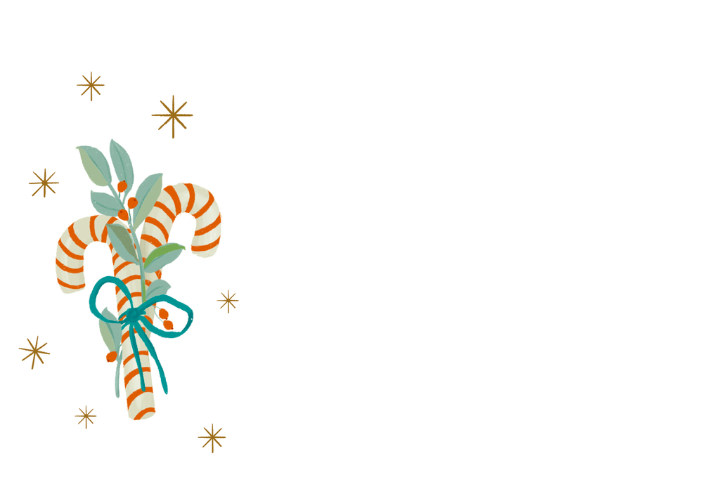 Detail: Illustration zweier Zuckerstangen mit grünen Blättern, einer Schleife und goldenen Sternen auf weißem Hintergrund.