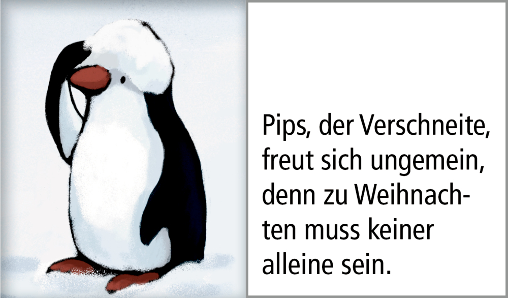 Kalendertürchen: Ein Pinguin mit schneeweißem Kopf, daneben ist ein Gedicht abgebildet.