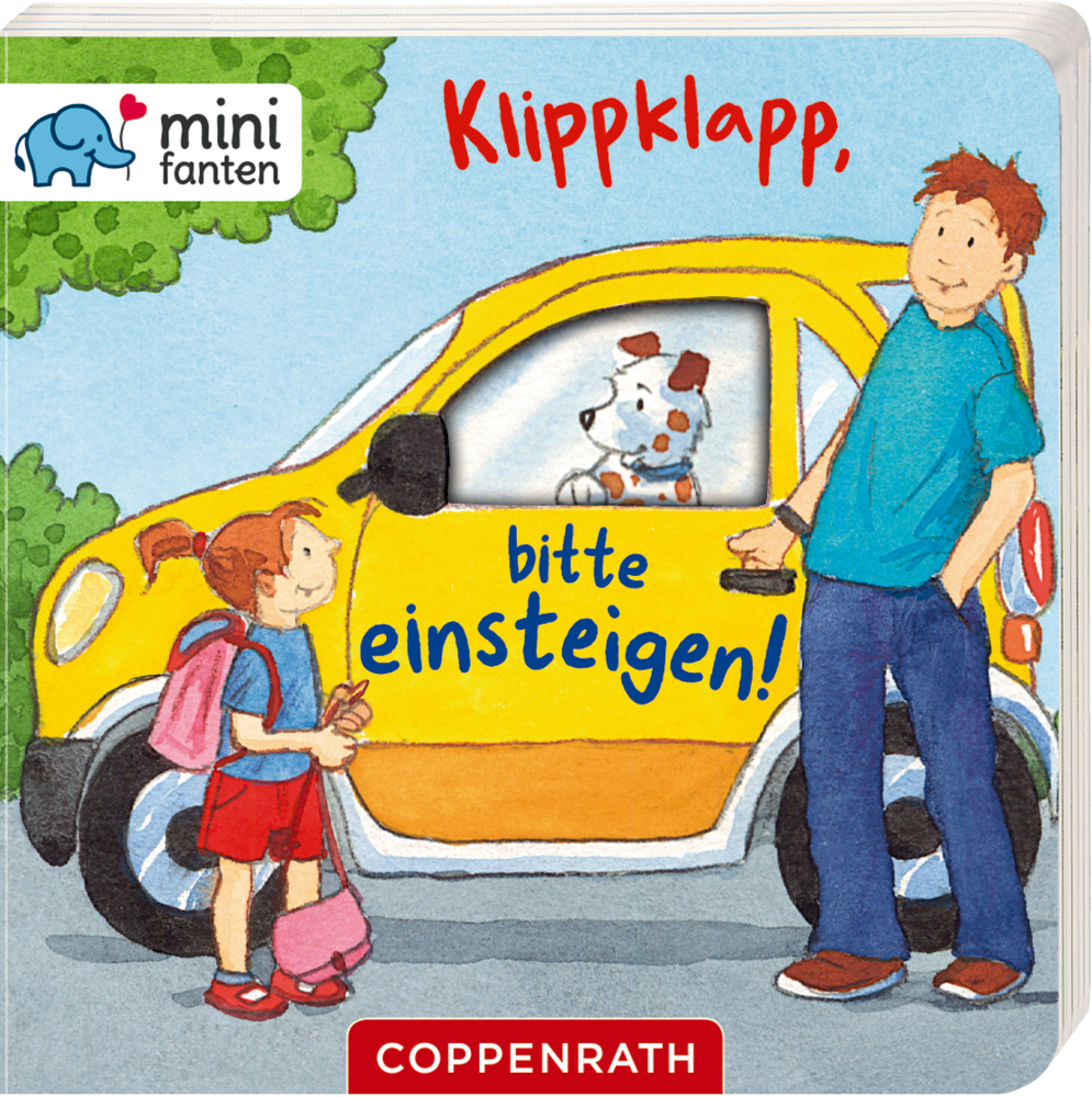 minifanten 27: Klippklapp, bitte einsteigen! Mädchen und Mann neben gelbem Auto mit Hund darin.