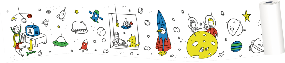 Bunte Kritzeleien von Raketen, Astronauten, Raumschiffen und Planeten, rechts eine Papierrolle.