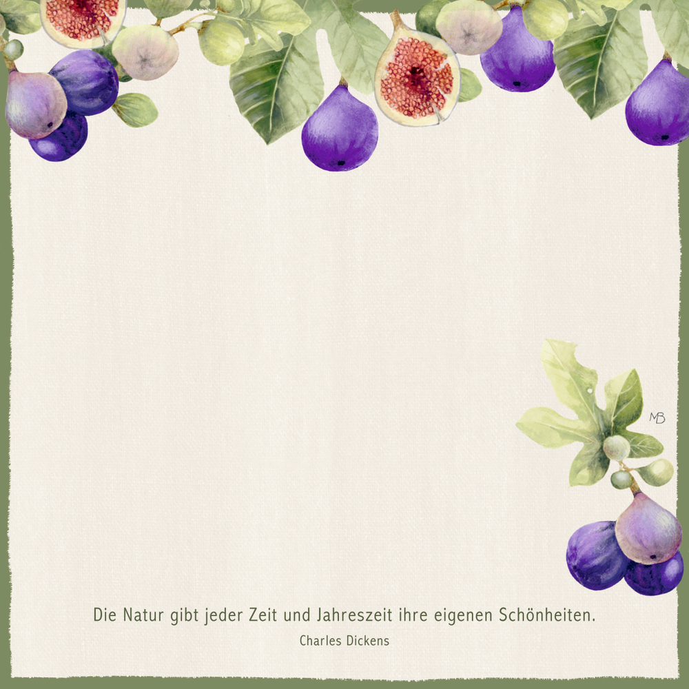 Aquarell Feigen und Blätter umrahmen einen leeren cremefarbenen Hintergrund, unten ein Zitat von Charles Dickens.