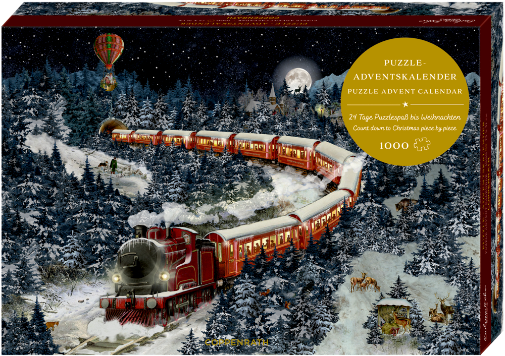 Weihnachtsexpress, Puzzle-Adventskalender (Behr) Rätselbox: Roter Zug schlängelt sich durch verschneiten Nachtwald, Heißluftballon schwebt am Himmel.