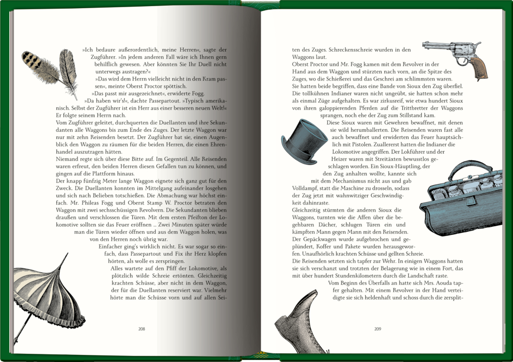 Offenes Buch mit illustrierten Ecken, Federn, Pistolen, Hut, Koffer und Sonnenschirm.