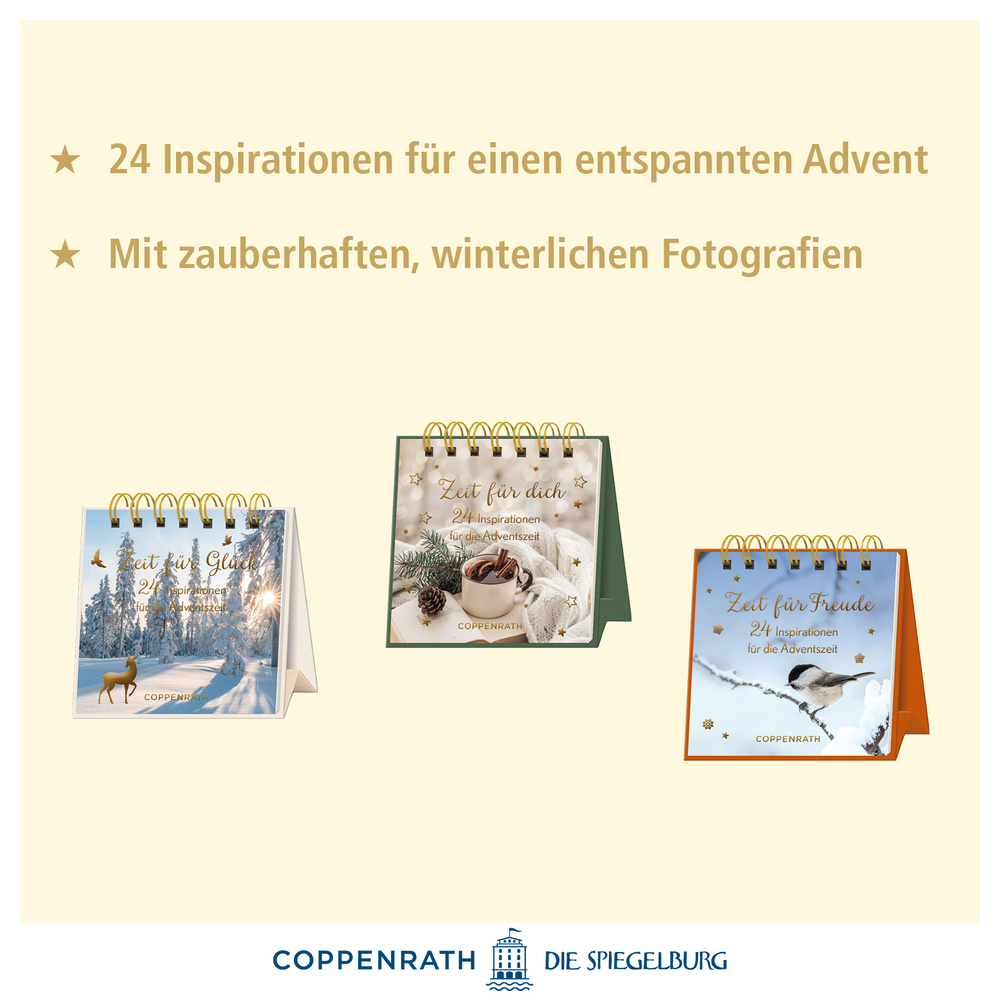 Drei Adventskalender mit dem Text "24 Inspirationen für einen entspannten Adent" und "mit zauberhaften winterlichen Fotografien"