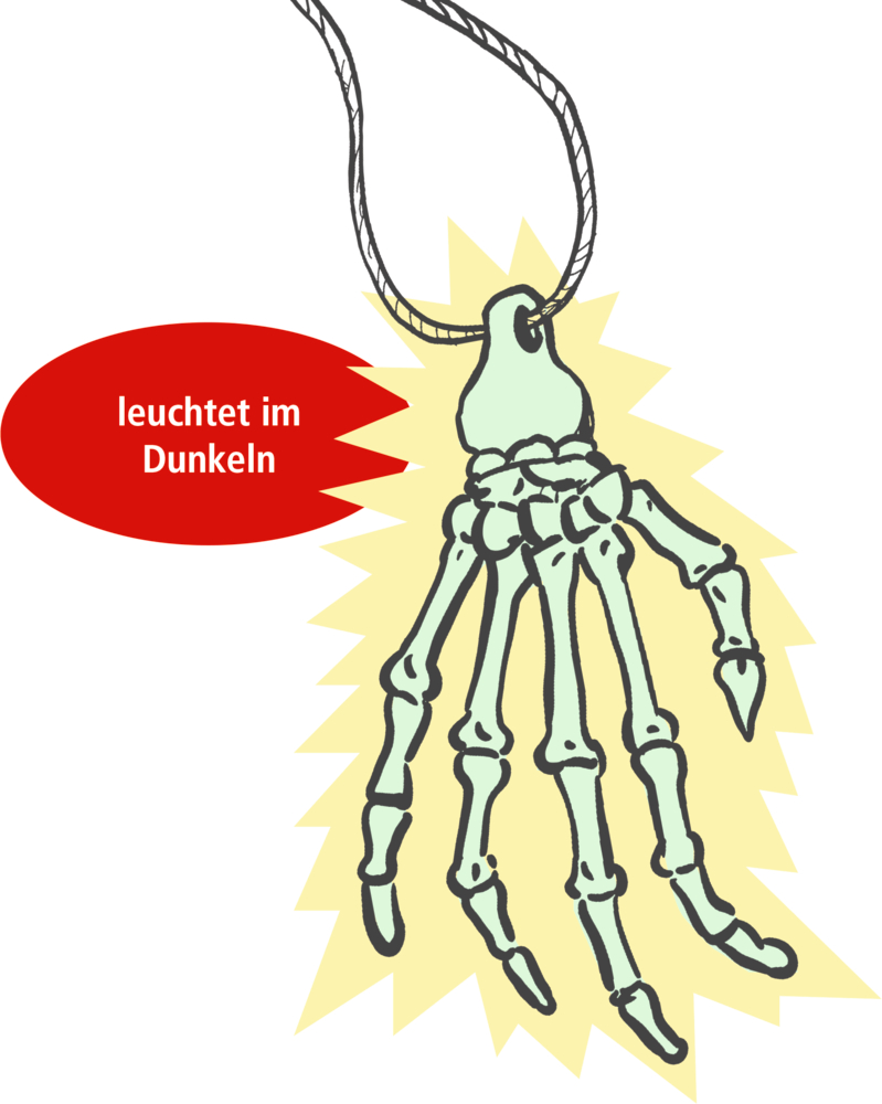 Skizze eines Skeletthand-Anhängers, leuchtend gelb. Deutscher Text: „leuchtet im Dunkeln“.