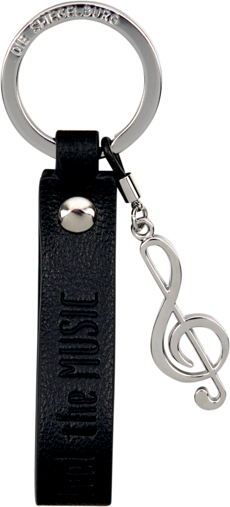 Schlüsselanhänger mit schwarzem Lederband und silbernem Violinschlüssel-Anhänger.