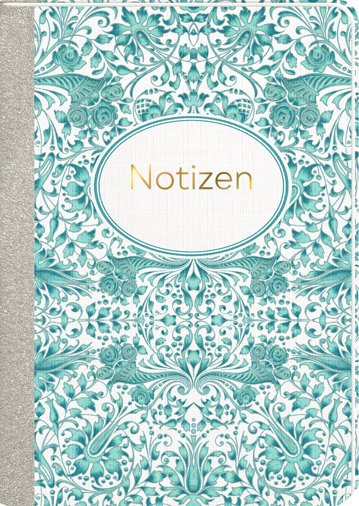 Verziertes, türkisfarbenes Notizbuch mit floralem Muster, silbernem Rücken und goldener Aufschrift Notizen in ovalem Label.