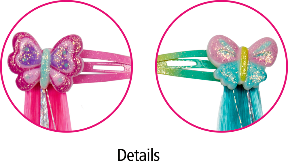 Zwei glitzernde Schmetterlings-Haarspangen mit bunten Extensions, in Pink und Blau, im Detail gezeigt.