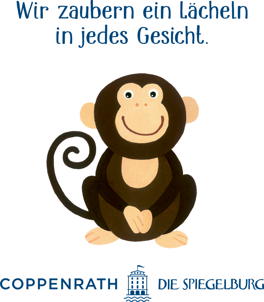 Illustration eines lächelnden Affen mit deutschem Text: „Wir zaubern jedem ein Lächeln ins Gesicht.“.