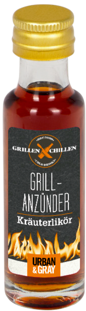 Kleine Flasche mit der Aufschrift Grill-Anzünder, Flammenmotiv und goldener Verschluss.