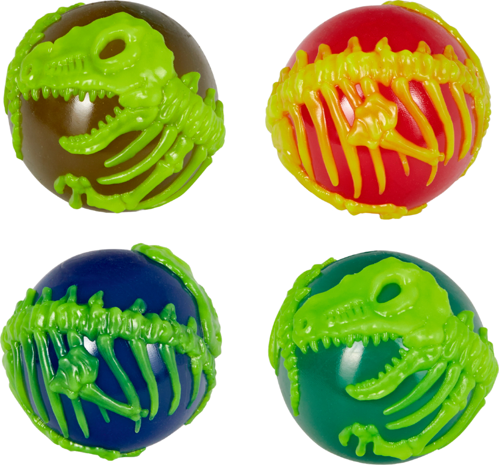 Vier kleine Bälle, jeder mit einem leuchtend grünen Dinosaurierskelett-Design.