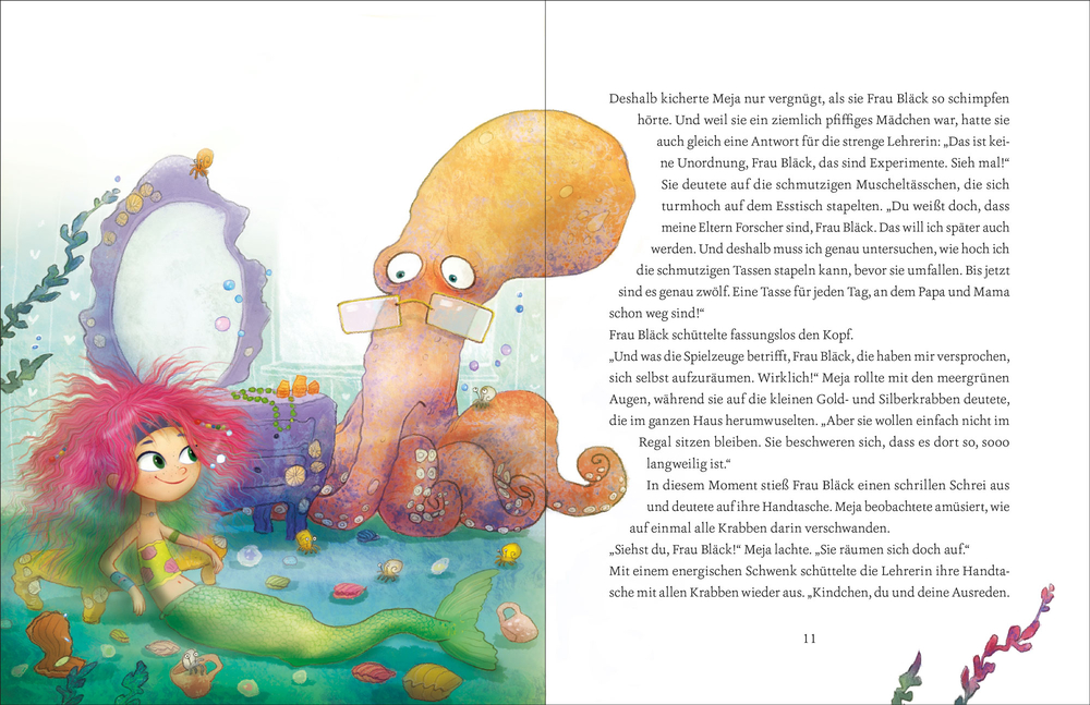 Eine lebhafte Meerjungfrau unterhält sich mit einem runden Meeresgeschöpf bei Brillos, einem Unterwasserstand.