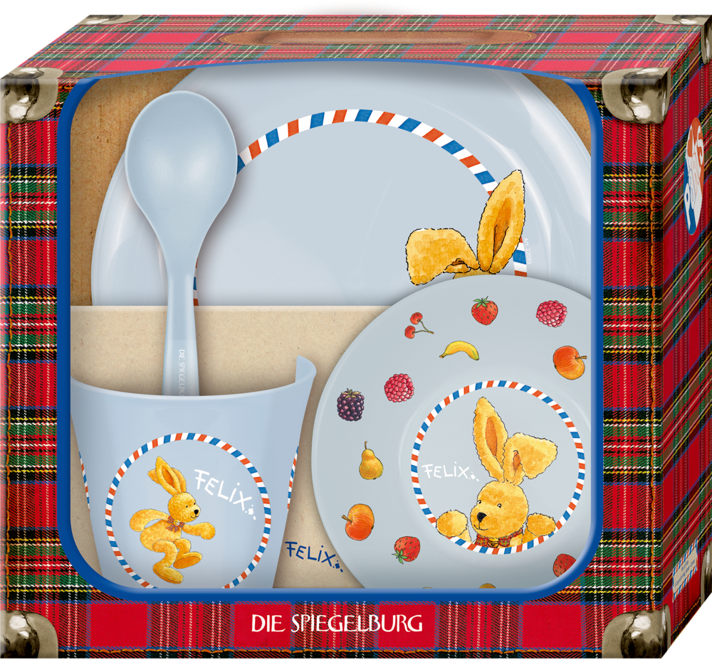 Geschirr Geschenkset - Felix Hellblaues Kindergeschirrset mit Hasen- und Obstmotiv in rot karierter Geschenkbox.