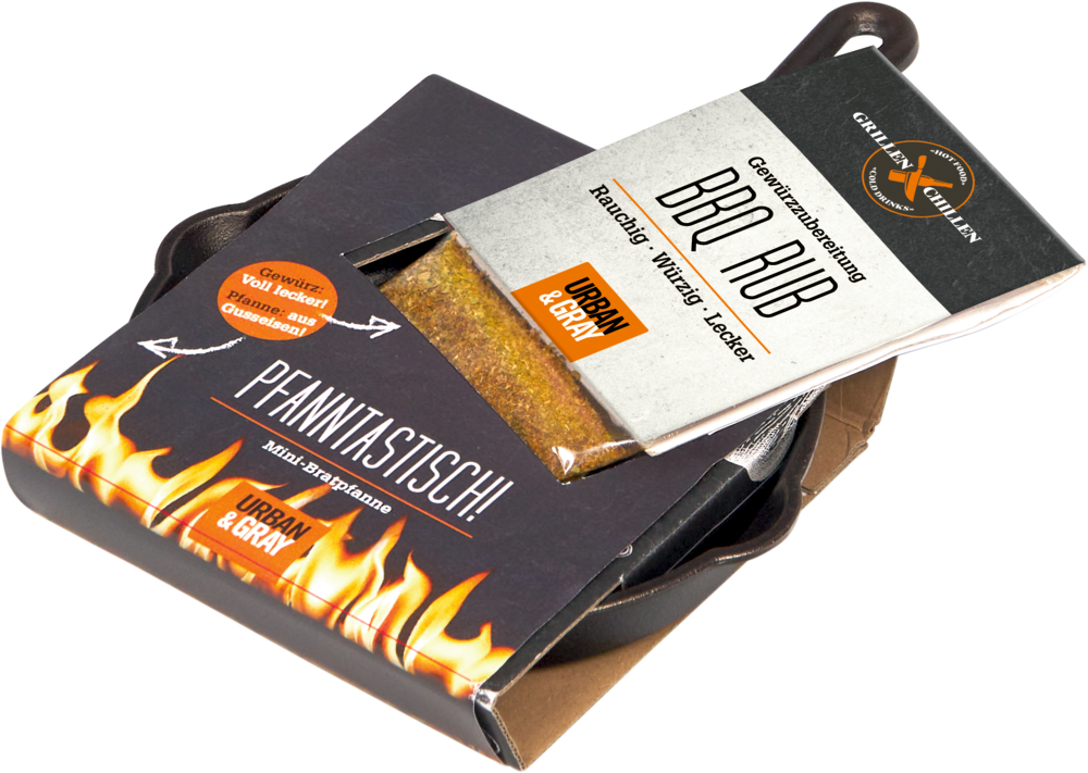 BBQ Rub und Spice Mix Verpackung mit Flammengrafik, Aufschrift "Urban & Gran" und "Pfanntastisch!".