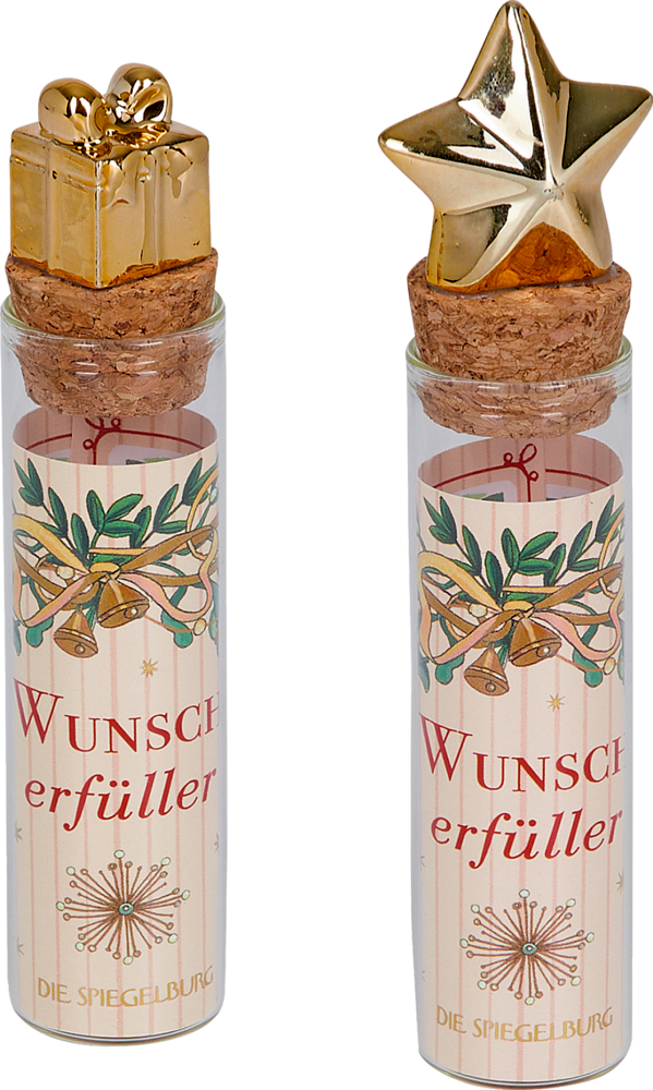 Zwei Glasröhrchen mit Korken, verziert mit goldener Geschenk- und Sternfigur, Aufdruck „Wunscherfüller Die Spiegelburg“.
