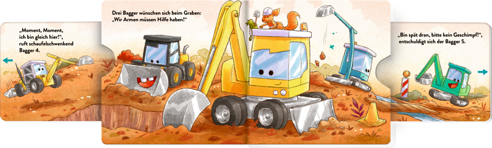 Cartoon-Baufahrzeuge mit Tieren, die fahren und Erde graben,  Text erscheint über und neben der Szene der Doppelseite.