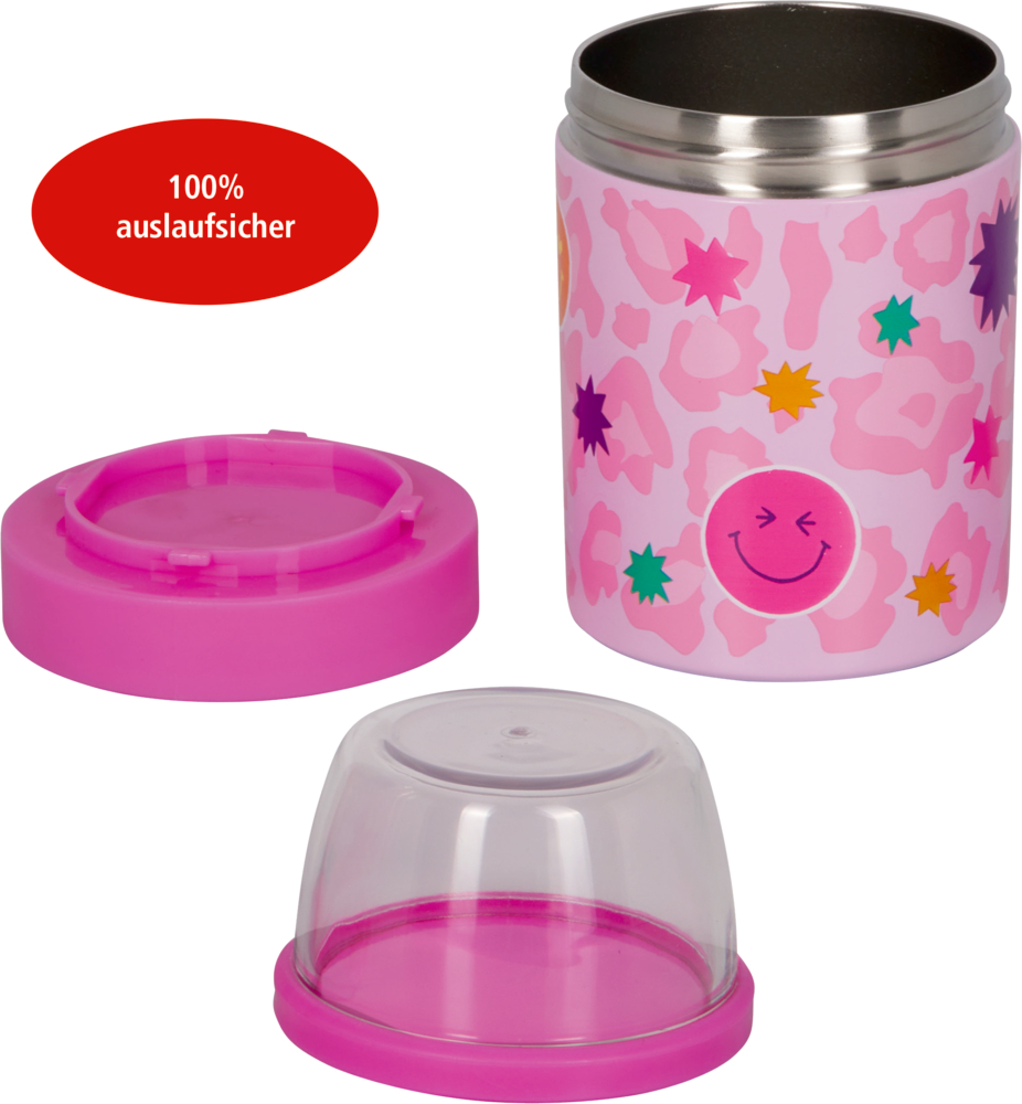 Rosa Lunchpot mit verspieltem Muster, Schraubdeckel und transparenter, kuppelförmiger Kappe daneben.