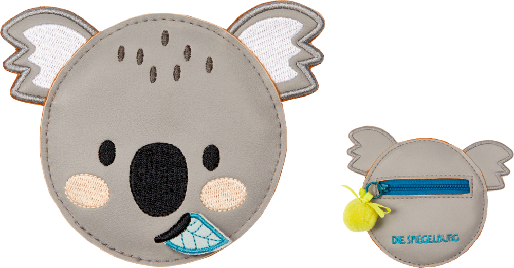 Koala, Kleines Portmonee Bunte Geschenke (Tierkopf) Zwei runde Beutel in Form von Koalagesichtern: einer mit einem Blatt im Maul, der andere mit einem blauen Reißverschluss.