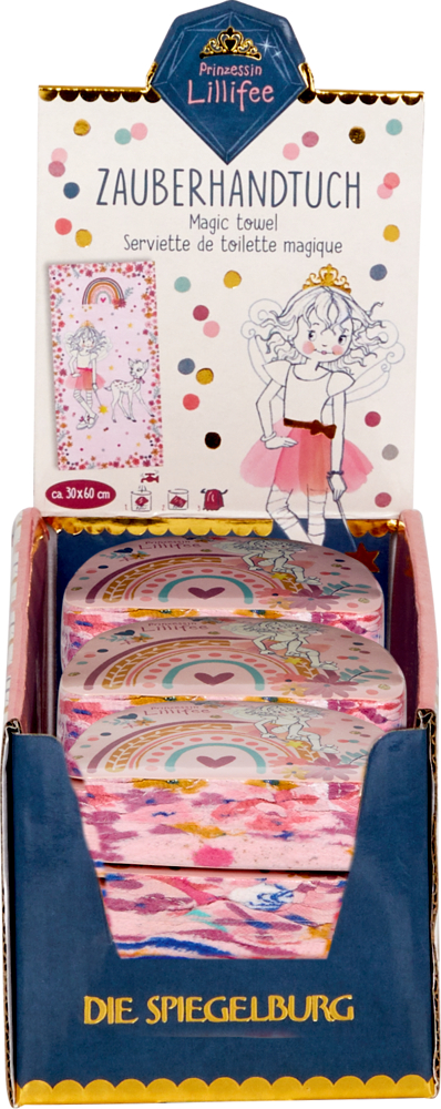 Displaybox mit Prinzessin Lillifee Zauberhandtüchern in farbenfroher, verspielter Verpackung.