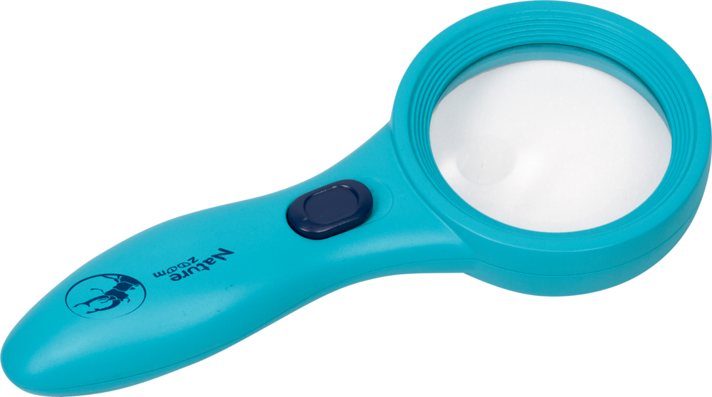 Lupe (3-fache Vergrößerung) - Nature Zoom Blaue Kunststofflupe mit schwarzem Knopf am Griff.