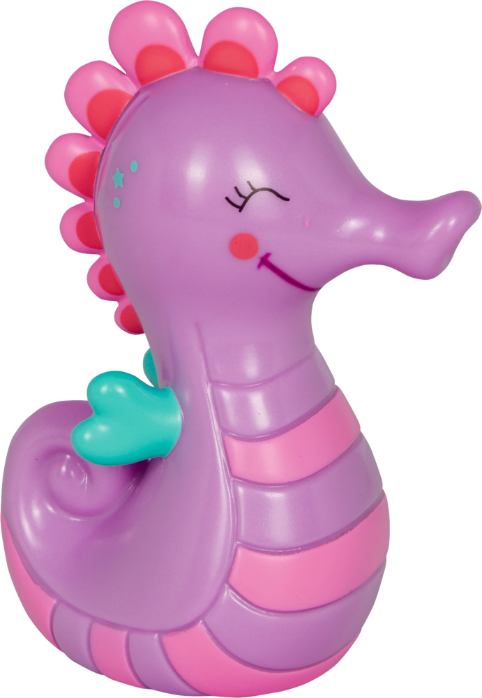 Lila Seepferdchen-Spielzeug mit rosa Streifen, lächelndem Gesicht und türkisfarbenen Flügeln, verziert mit rosa und türkisfarbenen Akzenten.
