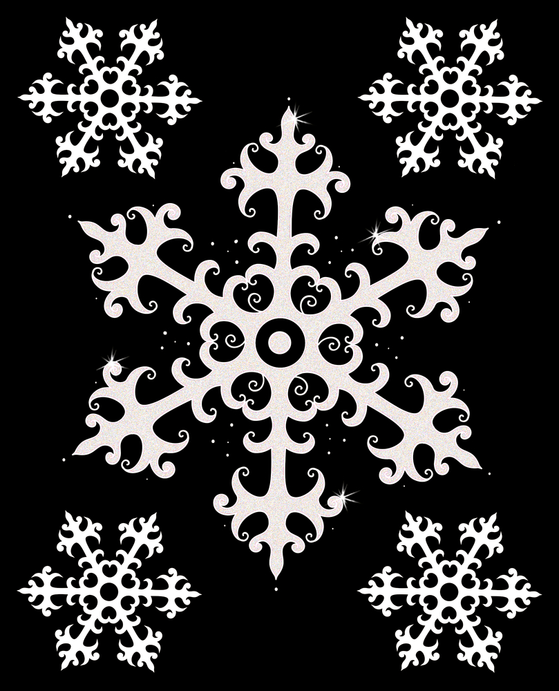 Fünf dekorative weiße Schneeflocken auf Schwarz, mit einer großen Schneeflocke in der Mitte.