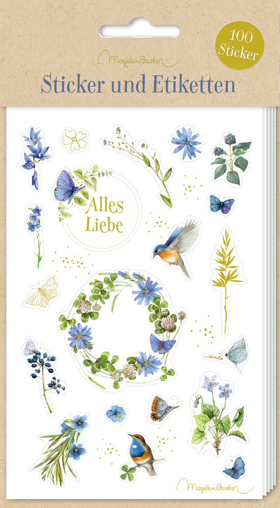 Stickerbogen: Sticker und Etiketten - Natur pur (M. Bastin) Stickerbogen: blaue Blumen, Schmetterlinge, Vögel und „Alles Liebe“ im Blumenkranz.