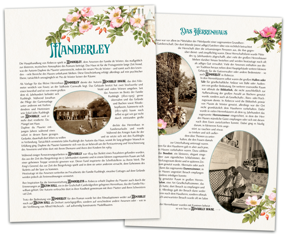 Zwei Beilagen mit Blumenrändern, Text und Sepia-Fotos eines Herrenhauses und seiner Menschen.