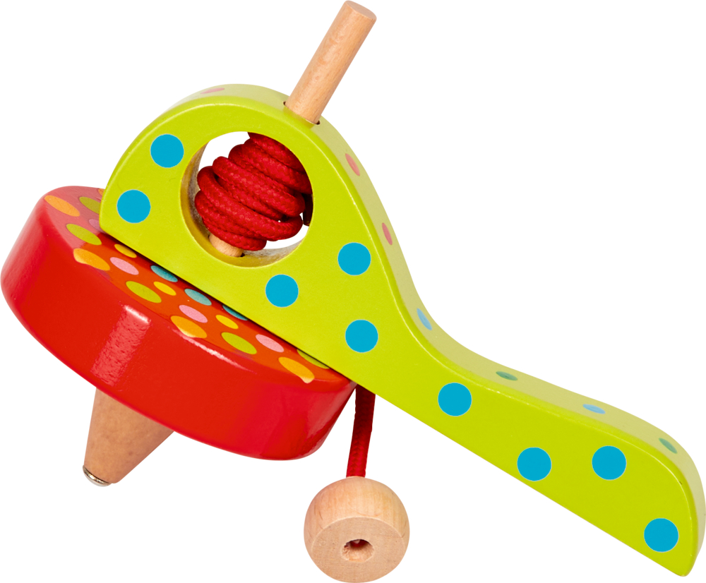 Bunter Holzkreisel mit roten und gelben Punkten, Griff und einer roten Schnur mit einer Holzperle an der Spitze.