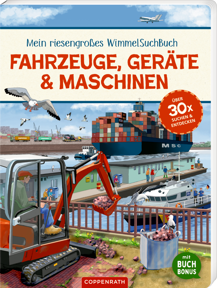 Illustriertes Buchcover mit Bagger, Schiff, Lkw und Flugzeug;  Titel "Fahrzeuge, Geräte & Maschinen".