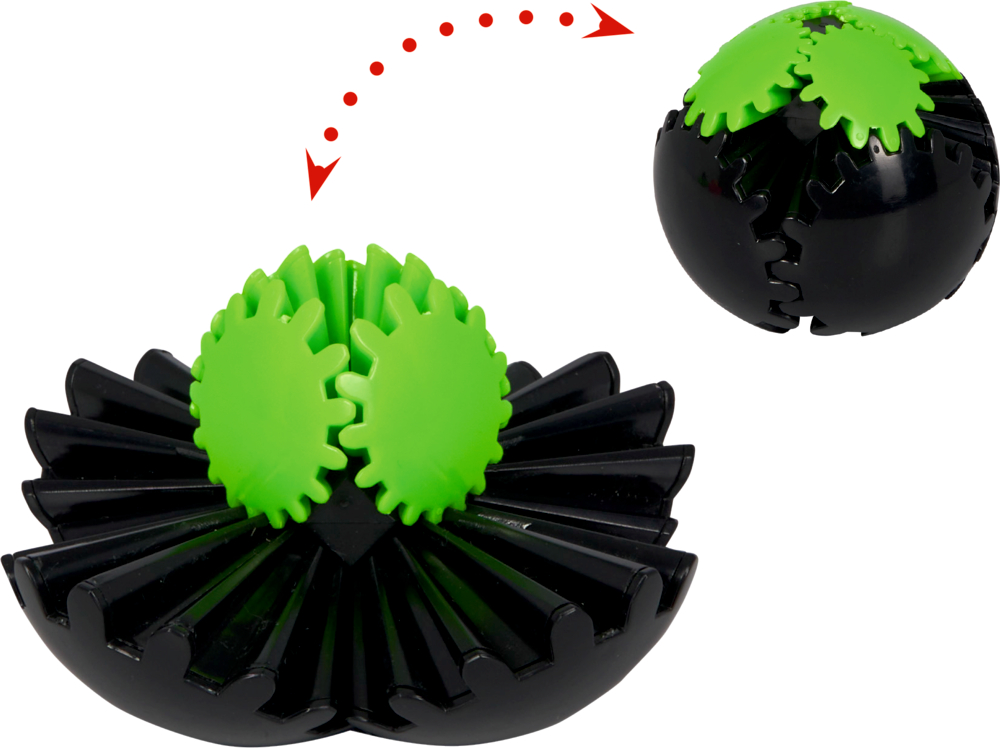 Schwarz-grüner Spielball verwandelt sich in eine Blumenform; roter Pfeil zeigt die Bewegungsrichtung an.